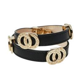 Pre Owned Bvlgari Black Leather Gold Tone Double Coiled Wrap Bracelet