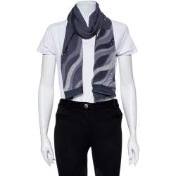 Bvlgari Grey Crystal Embellished Wave Print Layered Silk Stole