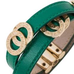 Bvlgari Bvlgari Interlocking Circles Green Leather Gold Plated Double Coiled Bracelet 