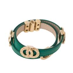 Bvlgari Bvlgari Interlocking Circles Green Leather Gold Plated Double Coiled Bracelet 