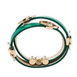 Bvlgari Bvlgari Interlocking Circles Green Leather Gold Plated Double Coiled Bracelet 