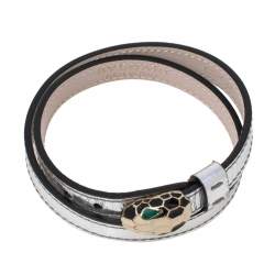 Pre Owned Bvlgari Serpenti Forever Silver Leather Double Wrap Bracelet