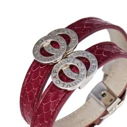Pre Owned Bvlgari Bvlgari Burgundy Leather Silver Tone Double Coil Wrap Bracelet