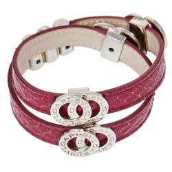 Pre Owned Bvlgari Bvlgari Burgundy Leather Silver Tone Double Coil Wrap Bracelet