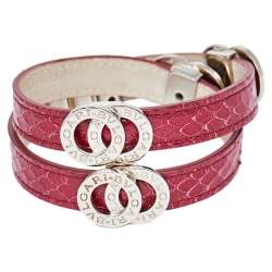 Pre Owned Bvlgari Bvlgari Burgundy Leather Silver Tone Double Coil Wrap Bracelet