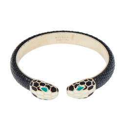 Bvlgari Serpenti Forever Enamel & Metallic Leather Gold Plated Open Cuff Bracelet