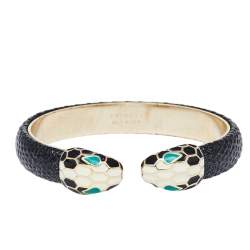 Bvlgari Serpenti Forever Enamel & Metallic Leather Gold Plated Open Cuff Bracelet