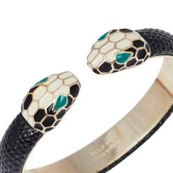 Bvlgari Serpenti Forever Enamel & Metallic Leather Gold Plated Open Cuff Bracelet