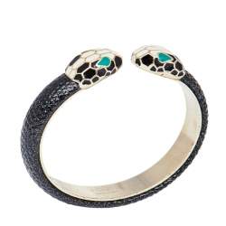 Bvlgari Serpenti Forever Enamel & Metallic Leather Gold Plated Open Cuff Bracelet