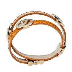 Bvlgari Tan Brown Leather Double Coiled Gold Plated Bracelet 