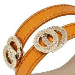 Bvlgari Tan Brown Leather Double Coiled Gold Plated Bracelet 