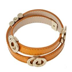Bvlgari Tan Brown Leather Double Coiled Gold Plated Bracelet 