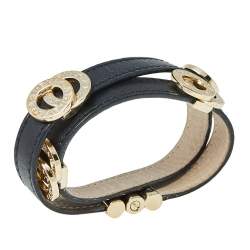 Bvlgari Black Leather Double Coiled Wrap Bracelet