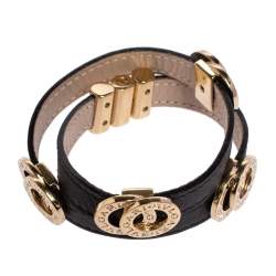 Pre Owned Bvlgari Black Leather Gold Tone Double Coiled Bracelet