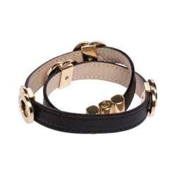 Pre Owned Bvlgari Black Leather Gold Tone Double Coiled Bracelet