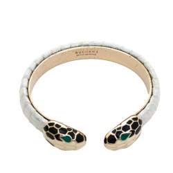 Pre Owned Bvlgari Serpenti Forever Metallic Leather Gold Plated Open Cuff Bracelet