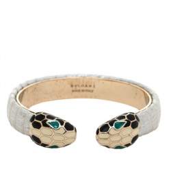 Pre Owned Bvlgari Serpenti Forever Metallic Leather Gold Plated Open Cuff Bracelet