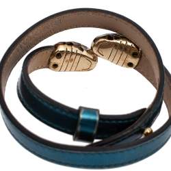 Pre Owned Bvlgari Serpenti Forever Blue Metallic Leather Double Wrap Bracelet