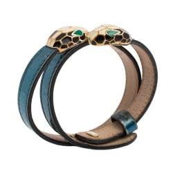Pre Owned Bvlgari Serpenti Forever Blue Metallic Leather Double Wrap Bracelet