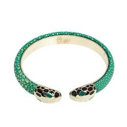 Pre Owned Bvlgari Serpenti Forever Green Galuchat Leather Cuff Bracelet