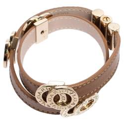 Bvlgari Bvlgari Brown Leather Gold Plated Metal Double Coiled Bracelet