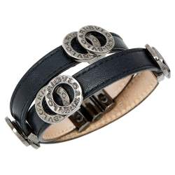 Pre Owned Bvlgari Black Leather Gun Metal Tone Double Wrap Bracelet