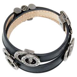 Pre Owned Bvlgari Black Leather Gun Metal Tone Double Wrap Bracelet
