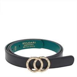 Pre Owned Bvlgari Black Leather Double Ring Buckle Slim Belt 80 CM