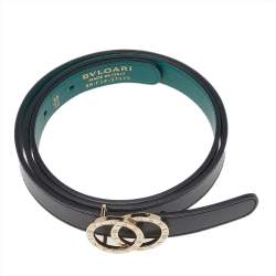 Pre Owned Bvlgari Black Leather Double Ring Buckle Slim Belt 80 CM