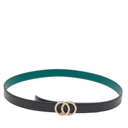 Pre Owned Bvlgari Black Leather Double Ring Buckle Slim Belt 80 CM