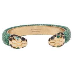 Pre Owned Bvlgari Serpenti Forever Green Galuchat Leather Open Cuff Bracelet