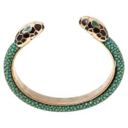Pre Owned Bvlgari Serpenti Forever Green Galuchat Leather Open Cuff Bracelet