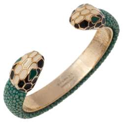 Pre Owned Bvlgari Serpenti Forever Green Galuchat Leather Open Cuff Bracelet