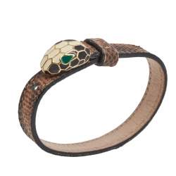 Pre Owned Bvlgari Serpenti Forever Brown Karung Leather Wrap Bracelet