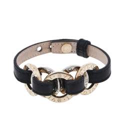 Pre Owned Bvlgari Black Leather Two Tone Interlocking Circles Wrap Bracelet
