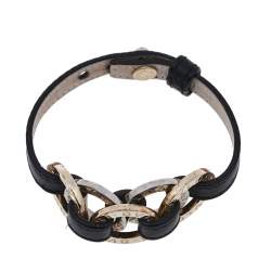 Pre Owned Bvlgari Black Leather Two Tone Interlocking Circles Wrap Bracelet