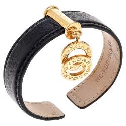 Bvlgari Black Leather Interlocking Circles Charm Open Cuff Bracelet