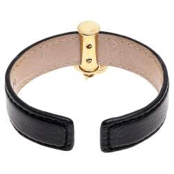 Bvlgari Black Leather Interlocking Circles Charm Open Cuff Bracelet