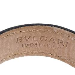 Bvlgari Black Leather Interlocking Circles Charm Open Cuff Bracelet