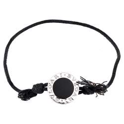 Pre Owned Bvlgari Logo Black Enamel Silver Adjustable Cord Bracelet