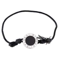 Pre Owned Bvlgari Logo Black Enamel Silver Adjustable Cord Bracelet