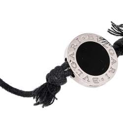 Pre Owned Bvlgari Logo Black Enamel Silver Adjustable Cord Bracelet