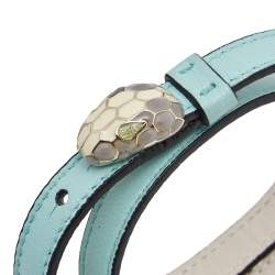 Bvlgari Serpenti Forever Aqua Blue Leather Gold Plated Double Coiled Bracelet