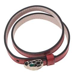 Bvlgari Serpenti Forever Red Leather Gold Plated Double Wrap Bracelet