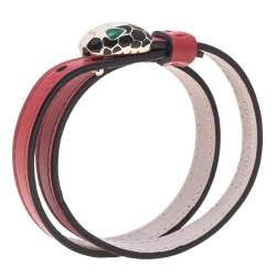 Bvlgari Serpenti Forever Red Leather Gold Plated Double Wrap Bracelet