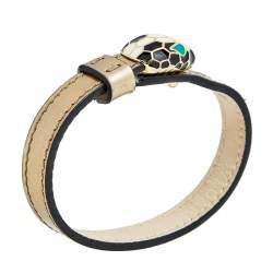 Bvlgari Serpenti Forever Brown Leather Gold Tone Enamel Wrap Bracelet