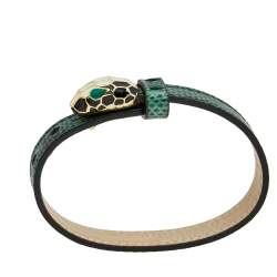 Bvlgari Serpenti Forever Malachite Green Karung Leather Enamel Gold Plated Bracelet