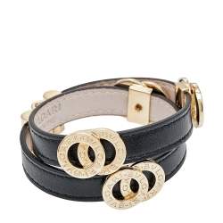 Pre Owned Bvlgari Black Leather Gold Tone Double Wrap Bracelet