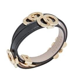 Pre Owned Bvlgari Black Leather Gold Tone Double Wrap Bracelet