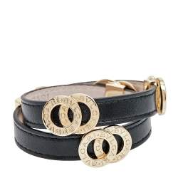 Pre Owned Bvlgari Black Leather Gold Tone Double Wrap Bracelet